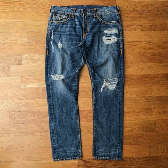 True Religion Men's Straight Jeans - Distressed Blue - Picture 1 of 10